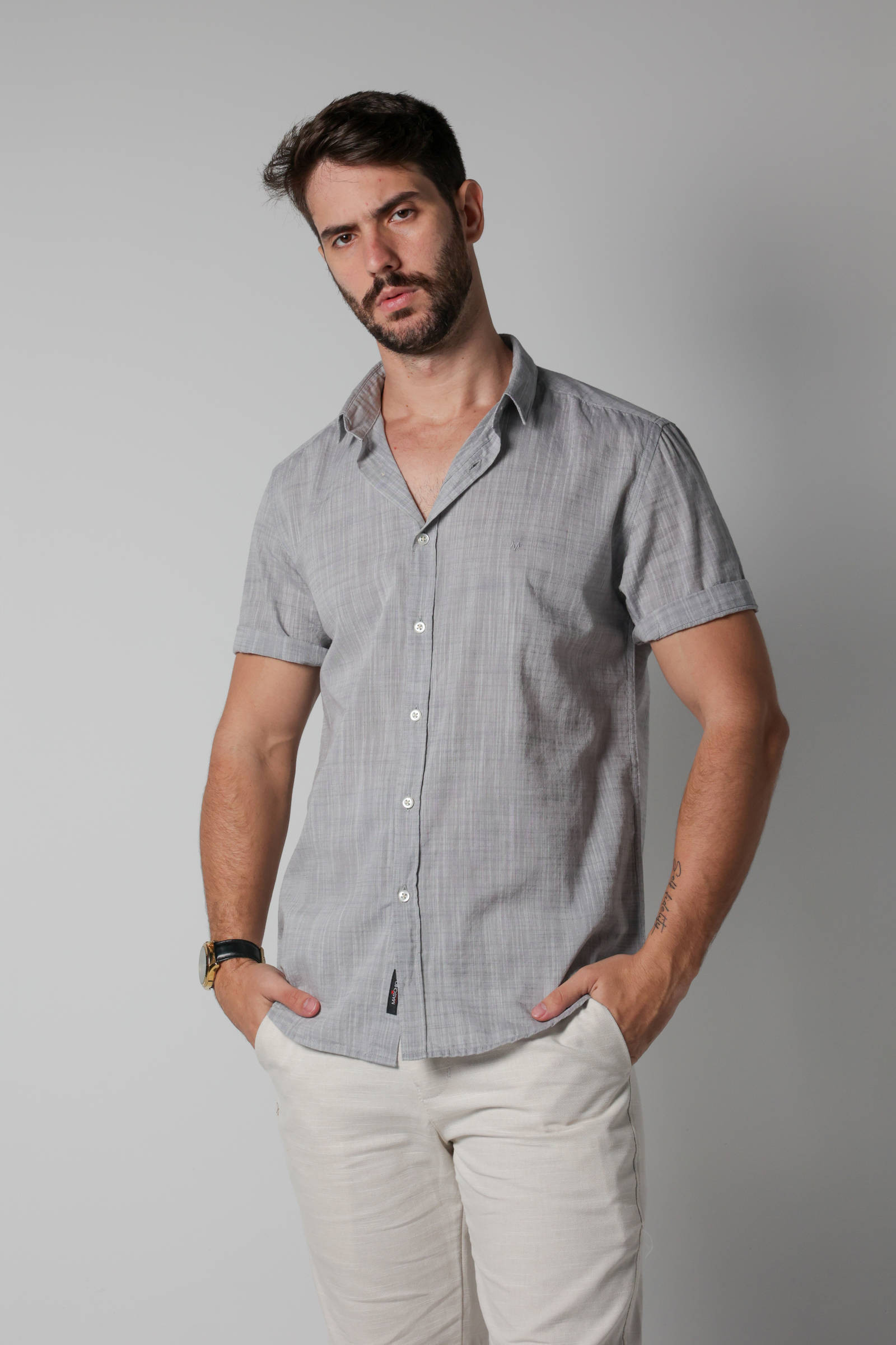 CAMISA MASCHIO MANGA CURTA SLIM FIT EML100 CINZA-E