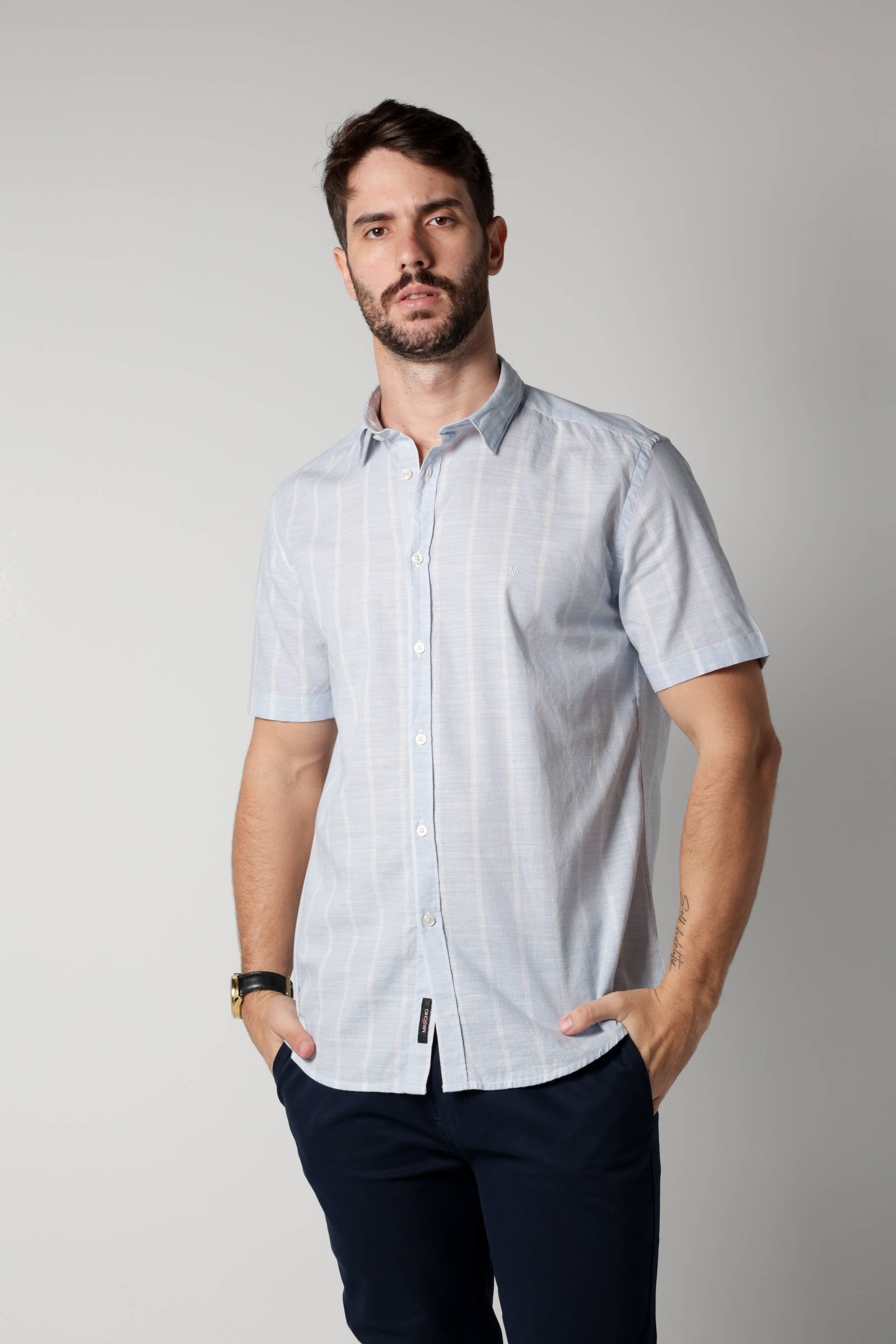 CAMISA MASCHIO MANGA CURTA SLIM FIT EML100 AZUL LISTRAD0-E