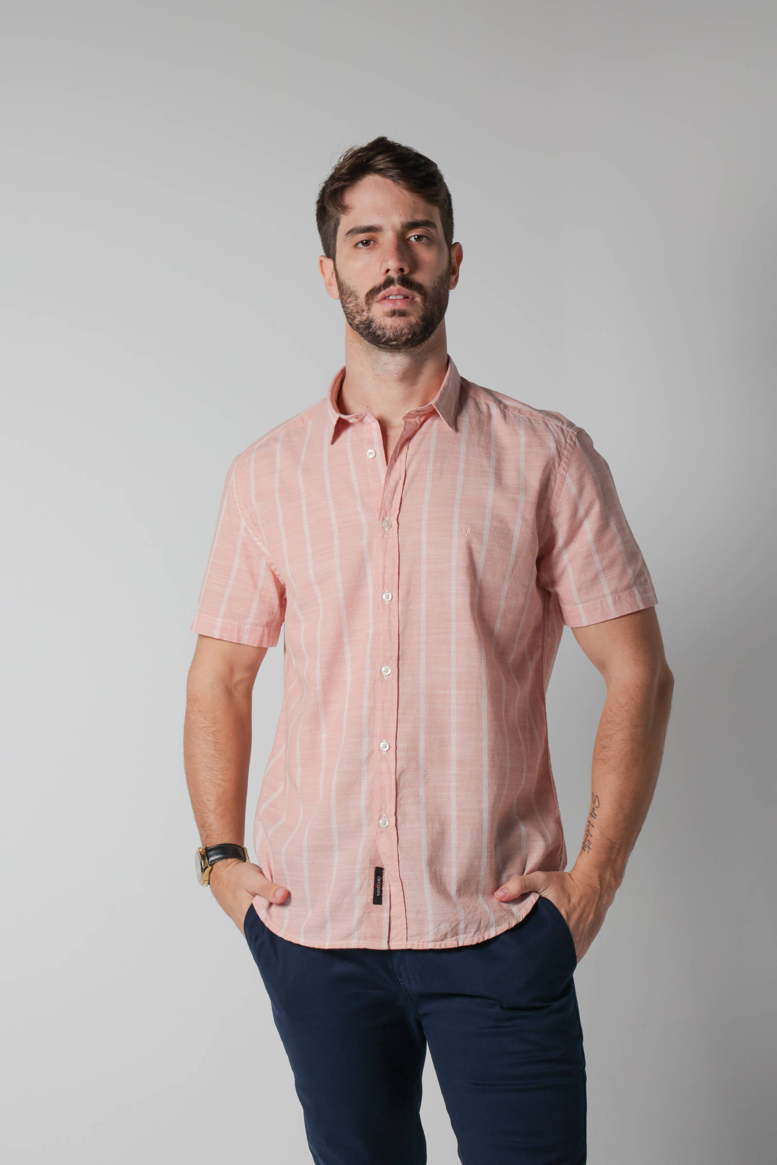 CAMISA MASCHIO MANGA CURTA SLIM FIT EML100 SALMON LISTRADO-E